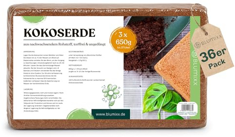 Kokoserde für Pflanzen 36 x 650g - Humuserde Kokosziegel, Anzuchterde torffrei, Kokosfaser Substrat für Hochbeete, Zimmerpflanzen & Terrarien - 100% natürlich & abbaubar - 324L Kokoserde