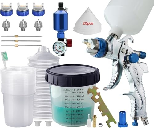 HVLP Lackierpistole Druckluft Spritzpistole Sprühpistole 3 Düsen 1,4 mm, 1,7 mm, 2,0 mm Farbsprühsystem Mit Einweg Mischbecher Enthalten 10 Stück 600ML Deckel und Innenbecher Druckregler Kits (Blau)