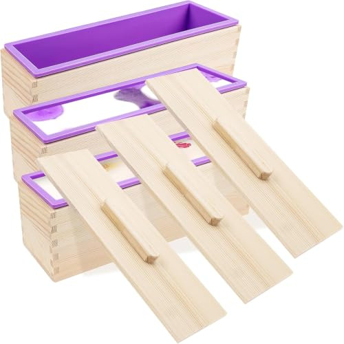 Lot de 3 moules à savon rectangulaires en silicone, 1200 ml, en bois, avec caisses en bois et couvercles, pour accessoires de fabrication de savon DIY (violet)