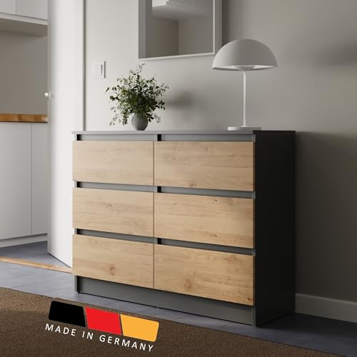 Home Collective Kommode mit 6 Schubladen anthrazit Artisan-Eiche Holz Schrank mit Schubladen Sideboard Highboard Anrichte Schlafzimmer Wohnzimmer Flur Büro Organizer Breite 95 cm Höhe 78cm