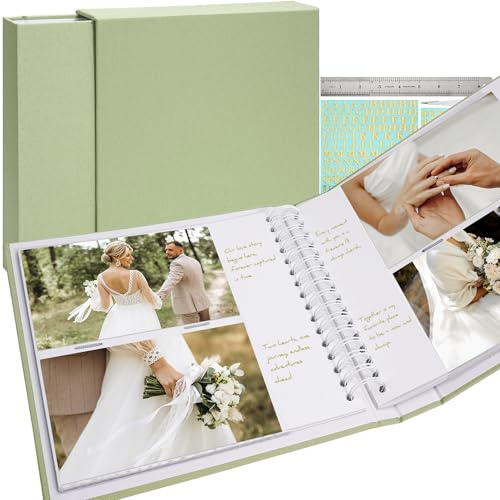 Vienrose Photo Album Linen Cover 4x6 with Writing Areas 200 Pockets Picture Albums Photos Book with Slipcase Metal Stickers Tweezers Ruler for Wedding Family Baby Anniversary Travel Valentine Green