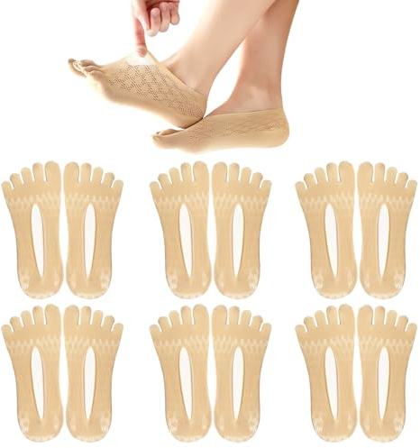 Soleeya 6 Pares Calcetines 5 Dedos Invisibles Mujer 34-39, Calcetines Cinco Dedos Mujer de Algodón Transpirables Calcetines Cortos Bajo con Silicona