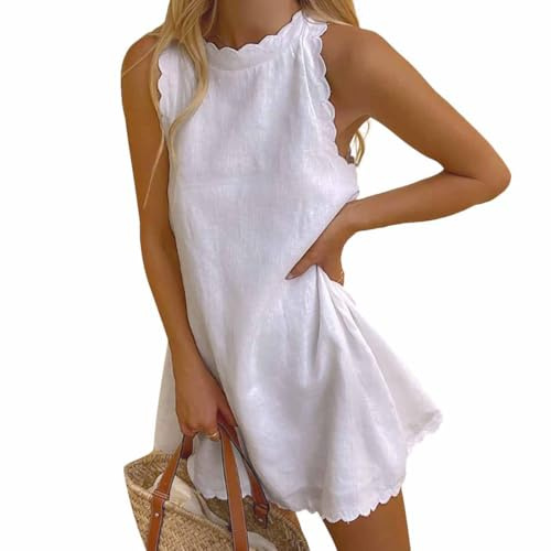 AOWVUTS Robes D'été pour Femmes Robe Débardeur Décontractée sans Manches Mini Robes Col Rond Casual Cotton en Lin Chic et Elegant Robe Couleur Unie pour Vacances à la Plage Ete