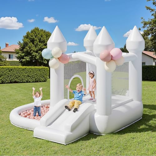 Warmiehomy White Bouncy Castle Indoor with Slide Trampoline and Ball Pit Bounce Play House for Kids Age 3-8 Wedding Photo Booth for Garden Park Backyard Wedding Birthday Party Childrens Gift