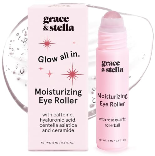 grace & stella Under Eye Brightener with Rose Quartz Rollerball - Centella Asiatica & Caffeine Under Eye Serum for Dark Circles & Puffiness - Travel Essentials, Birthday Gifts for Mom (15ml/0.51floz)
