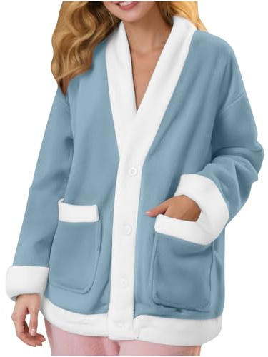 Wyongtao Veste Polaire Femme Manteau D'Intérieur En Peluche Manteau Femme Hiver Chaud Boutons Hauts De Pyjama Col En V Épaissir Blouson Décontractée Doux Ample Top Cachemire Avec Poche