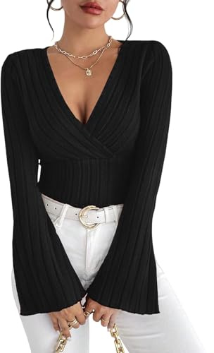 Sukiglam Maglioni Donna Maglia a Maniche Lunghe Sexy Scollo a V Wrap Pullover Maniche a Campana Elegante Leggero Maglioncino Casual T-Shirt Y2K Tops Morbido Sweatshirts Moda Camicia Autunno Inverno