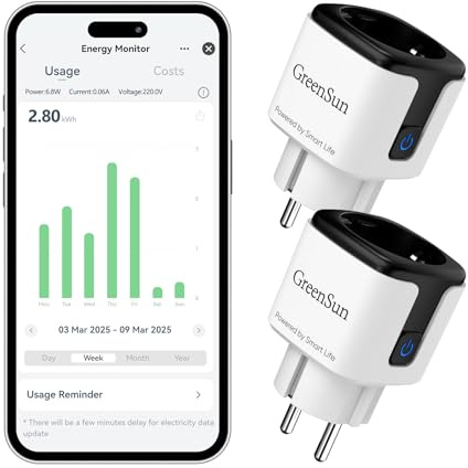 GreenSun Stromzähler für Steckdose Wlan Steckdose - Smart Life app Smart Home Stromverbrauch Energiekostenmesser Zeitschaltuhr Timer Plug Sprachsteuerung mit Alexa & Google Wifi Stecker Schwarz 2PC