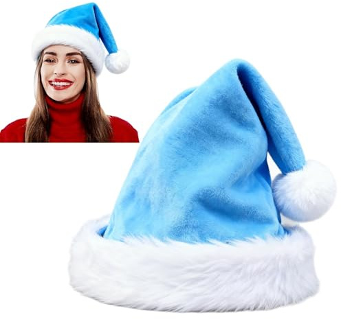 Ankelesz Santa Hat, Xmas Hat for Adults, Touch Soft Velvet Thickened Santa Hats for Christmas New Year Party Supplies (Lake blue)
