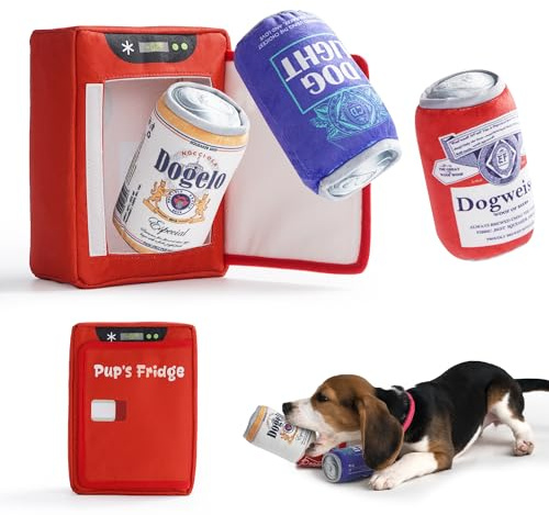 Nocciola Set di 3 giocattoli divertenti per cani a forma di birra e frigorifero, giocattoli di peluche interattivi a nascondiglio per razze piccole, medie e grandi