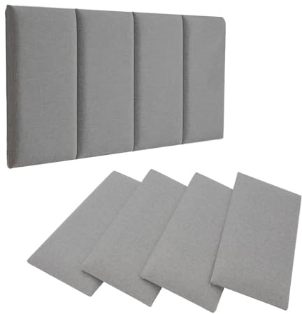 4 stycken väggpaneler, vadderade 40 x 20 cm, rektangulära dekorativa väggpaneler, bomullslinne, stoppningspanel, självhäftande, användbar som huvudgavel eller slagskyddspanel, minskar buller, mörkgrå