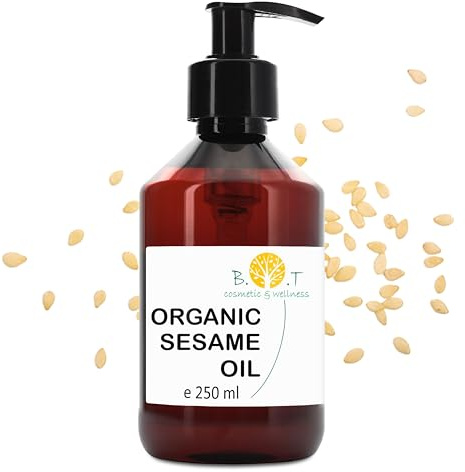 Olio di sesamo biologico puro al 100%. Olio di semi di sesamo spremuto a freddo con certificato biologico. Utilizzo in cosmesi naturale e massaggi ayurvedici 250 ML