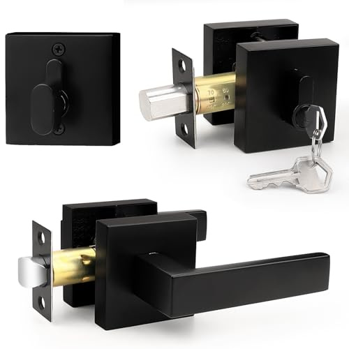 Probrico Flat Black Passage Door Lever with Single Cylinder Deadbolts Combo Pack, Modern Square Lock Set Handleset,Exterior Handle and Set,Exterior