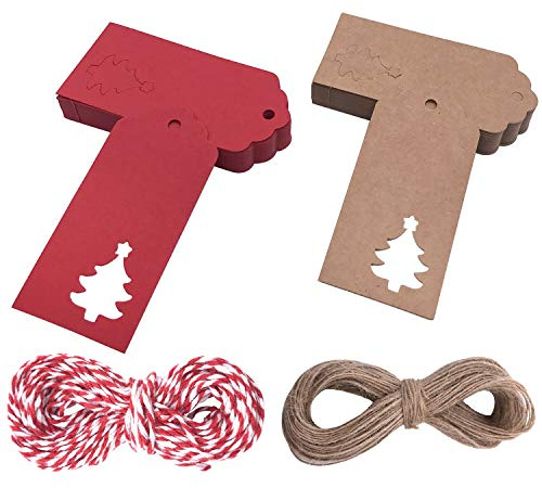 Lot de 100 étiquettes cadeau pour sapin de Noël en papier kraft, étiquettes cadeau de Noël, étiquettes de Noël pétoncle pour bagages, décoration à suspendre (50 étiquettes rouges + 50 marrons).