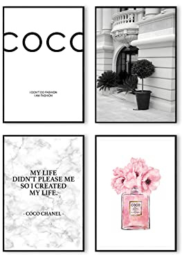 Postertech® Premium affischset | 4 bilder som snygg väggdekoration | 4 x DIN A4 | Citat Coco vit grå moderna bilder (utan fotoram)