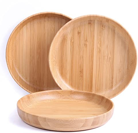 cluzelar Bamboo Plates 7.5Inch Round Bamboo Plates Reusable Dinner Plates Tableware Set of 3 Wooden Plate Lightweight Dishes Snack, Dessert, Unbreakable Classic Plate