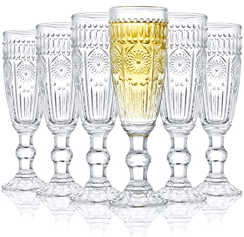 Kingrol Paquete de 6 copas de champán de vidrio de 5 onzas, copas de vino espumoso vintage para champán, cava, prosecco