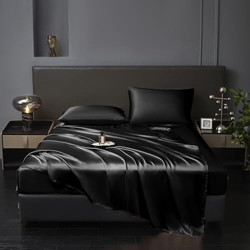 Revdomfly 4 Pcs Queen Size Luxury Silky Soft Black Satin Sheet Set,1 Premium Moisture Wicking Fitted Sheet Fits Up to 16 Inches Deep Pocket + 1 Flat Sheet + 2 Pillowcases（Black, Queen）