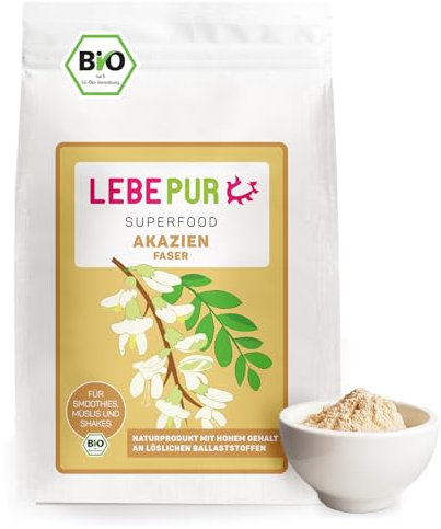 Lebepur BIO Akazienfasern vegan 500g, 90% Ballaststoffe, geschmacks- und geruchsneutral, Akazienfaser Pulver, glutenfrei, ohne Zusatzstoffe, hoher Ballaststoffgehalt mit 90g pro 100g
