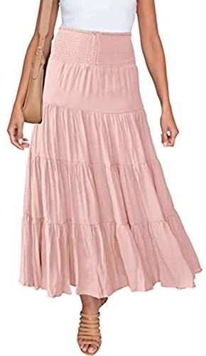 IWEMEK Women Summer Boho Maxi Skirt Ruched Elastic High Waist Casual Ruffle Flowy Swing Tiered Pleated A-Line Holiday Casual Gypsy Vintage Long Skirts Full Length