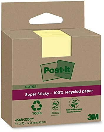 Post-it Superklibbiga 100% återvunna anteckningar, paket med 3 dynor, 70 ark per dyna, 76 mm x 76 mm, kanariegul – extra klisterlappar tillverkade av 100% återvunnet papper