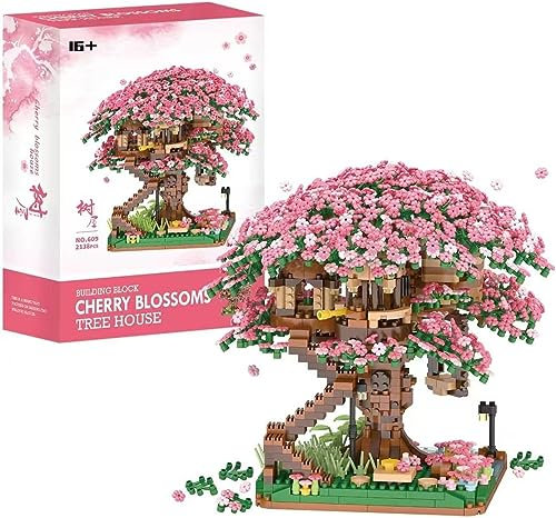 FULHOLPE Street View Cherry Bonsai Tree Bricks Model Set, 2138Pcs DIY Sakura Tree House Building Block Assembly Mini Particle Construction Toy - Not Compatible with Major Brands