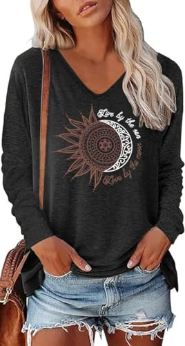 Teesho Donne Tshirt Manica Lunga V Collo Tops Camicie di Base Casual Longshirt Stampa Pullover Autunno Tops Tunica (Nero/XL)