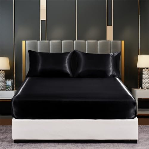 Tospass Satin Spannbettlaken 90x200cm Boxspringbett Topper Schwarz Luxus Seide Glanzsatin Spannbetttuch Glatt Leintuch Weiche Microfaser Bettlaken für Matratze bis 15-30cm Hohe