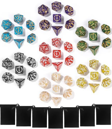 TIDEVAN Polyedrische Würfel Set,7 x 7(49 Stück) Polyedrische Würfel,Würfel Set mit 7 Schwarze Kordelzugbeutel Polyedrischer Spielwürfel für DND MPG MTG Dungeons und Dragons D20 D12 D10 D8 D6 und D4
