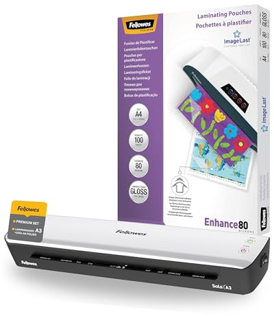 Fellowes Laminiergerät A3 Sola und Laminierfolien A4 Premium Bundle für Zuhause & Homeoffice bis 125 Mikron Stärke, staufrei, Laminiergerät zum Laminieren von Fotos, Dokumenten, Speisekarten, Rezepten