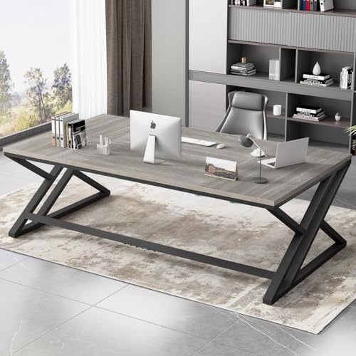 HSH Light Grey Computer Desk, Large Modern Workstation Home Office Desk, Long Industrial Study Gaming Work Writing Desk for 2 Person, Double Wood Executive Pc Table with Storage in Bedroom 180cm
