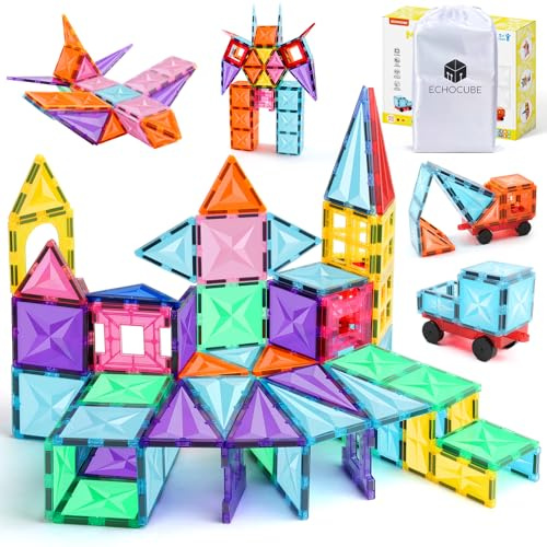 ECHOCUBE Magnetiska Byggklossar, 100 PCS Magnetiska Byggstenar Kakel för Barn, Pedagogiska Byggmagnetleksaker Magnetiska Plattor Julklapp för 3+ år Gamla Pojkar och Flickor