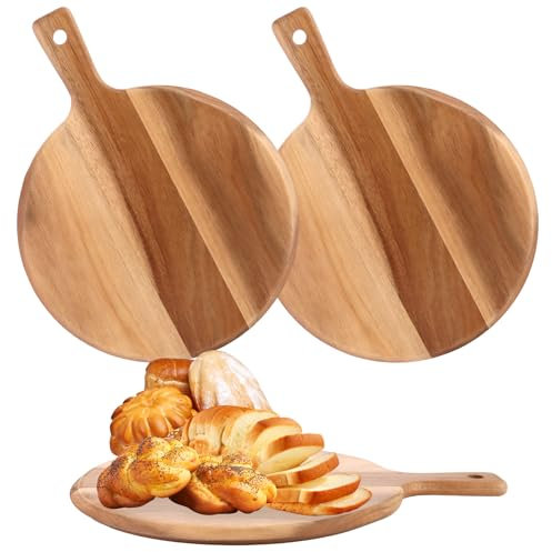 Oungy Lot de 2 planches à découper en bois avec poignée, Ø 30,5 cm, assiettes à pizza en bois durable, planche à pizza ronde, pour hacher et servir des saucisses, du fromage, des pizzas, du pain