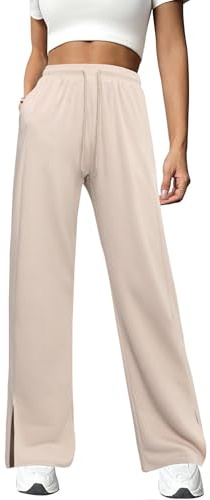 Totatuit Pantalones Deportivos Mujer Pierna Ancha Algodón Diseño Abierto Lateral Pantalón Suelto Cintura con Cordón Bolsillos Comodidad Hogar Yoga Moda Casual Albaricoque M
