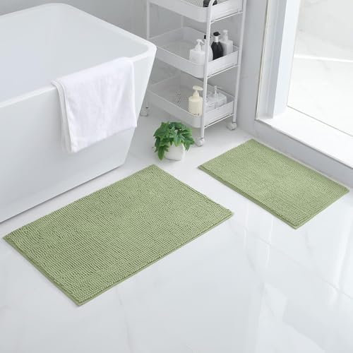 Homaxy Chenille Badezimmerteppich Set 2 teilig rutschfeste Badematte Set Weich Saugfähige Badteppich Waschbar Badvorleger- 40x60 cm+50x80 cm, Salbeigrün