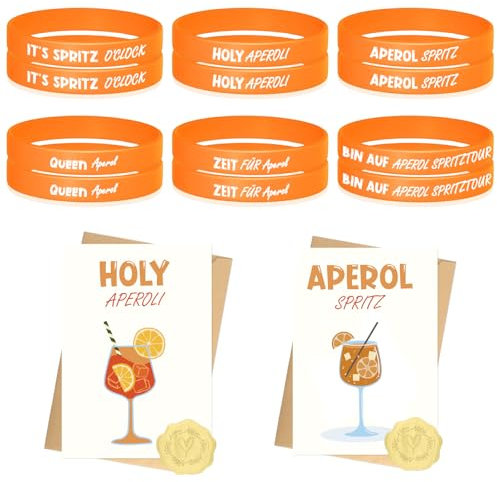Aperol Spritz Accessoires, 12 Stück Aperol Silikonarmband + 12 Aperol Grußkarten, Personalisierte Gummi Armband, Aperol Geschenk für Fraue Freundin Kollegen, Aperol Deko für Partys & Geburtstage (A)