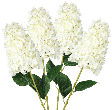 GrainBuds 4 flores artificiales de hortensias blancas, tallo largo de 33.5 pulgadas, flores de seda cónicas de tacto real, para decoración de arreglos florales de jarrón alto, granja familiar, oficina