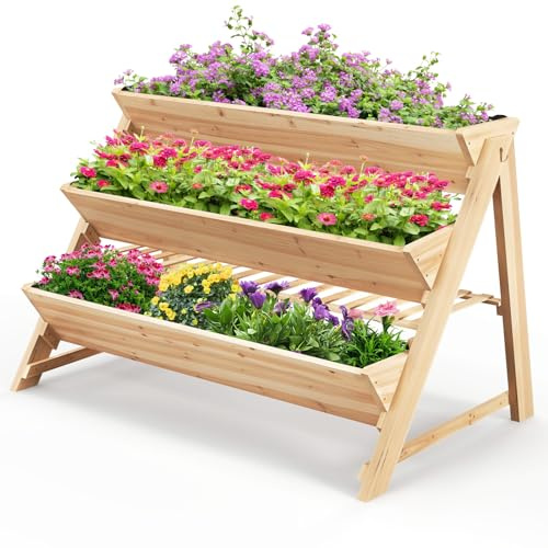 RELAX4LIFE Fioriera da Esterno a 3 Livelli, Fioriera Elevato in Legno di Abete con 2 Ganci Laterali, Mensola di Stoccaggio, Vasi per Piante per Fiori, Verdure per Balcone (Naturale, 117x74x80cm)