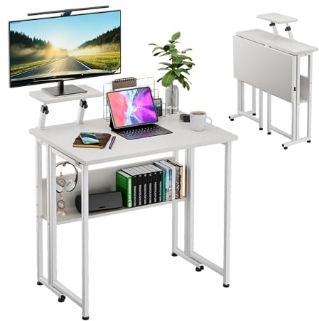 Wood Small Folding Computer Table with Monitor Stand, Movable Laptop Notebook PC Desk with Wheels for Home Office Bedroom Writing Study, White Frame and White Top, Simple Assembly, 80x58x75 cm