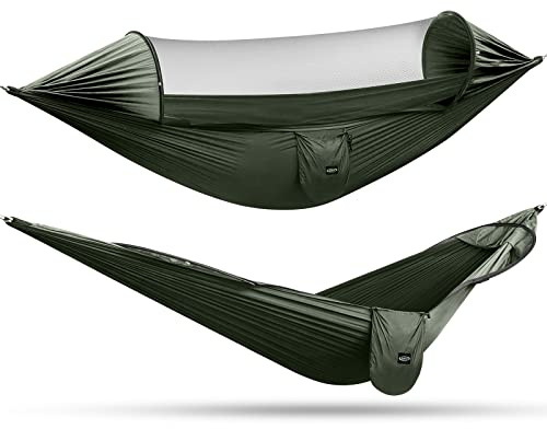 G4Free Large Camping Hammock with Mosquito Net 2 Person Pop-up Parachute Lightweight Hanging Hammocks Tree Straps Swing Bed for Outdoor Backpacking Backyard Hiking (New Army Green)