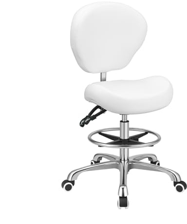 Kaleurrier Tabouret de Dessin réglable avec Dossier et Repose-Pieds - inclinable Hauteur de Levage péneumatique - siège pivotant et roulettes pour Studio dentier Bureau Blanc