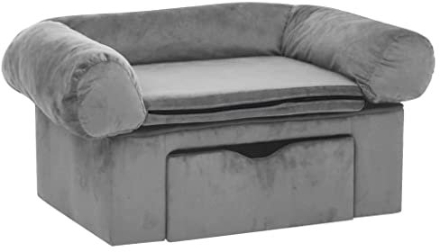 vidaXL Dog Sofa with Drawer - Grey Plush Pet Couch Bed - 75x50x38 cm - Wooden Frame for Dogs, Cats, Small Animals - Living Room/Bedroom Use