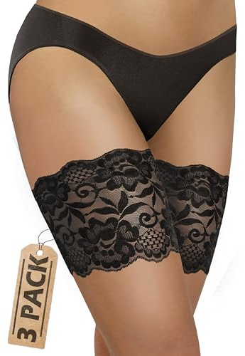 Sesto Senso 3 Pares Cordón y Sexys Bandas Femeninas para los Muslos Contra Rozaduras con Bandas de silicona de soporte en el interior Negro 60-65 M