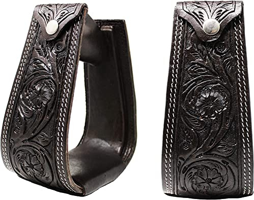 Western Saddle Stirrups Leather Covered Oversized Handmade Floral Tooled Pair Set ME-WSS-014