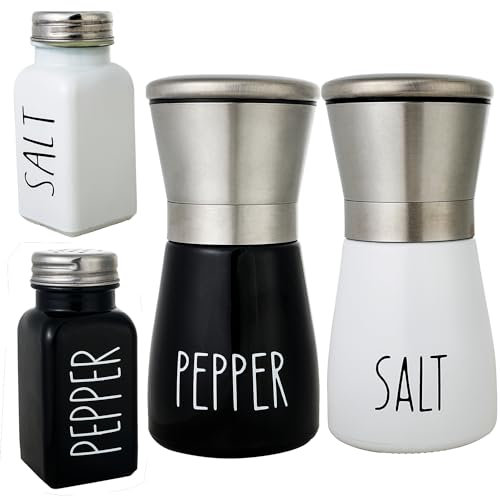 2-teiliges Pfeffer- und Salzmühlen-Set + 2-teiliges Pfeffer- und Salzstreuer-Set, 2-teiliges Salz- und Pfeffermühlen-Set, Original-Salz- und Pfeffermühlen-Set in Schwarz und Weiß, (4er-Pack)