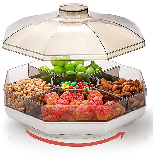 Noamus Rotating Snack Serving Tray with Lid, 11 Plastic Divided Serving Dishes, 5 Compartment Round Appetizer Platter, Removable Dried Fruit Organizer Plate for Veggie Candy Nut Cracker Chip Party