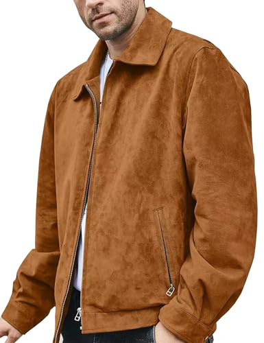 FLAVOR Chaqueta bomber de cuero genuino y ante abrigo casual para hombre（Marrón, L