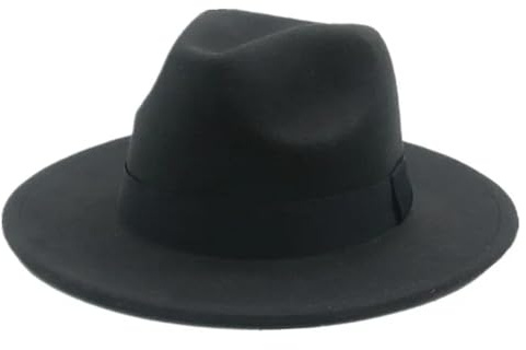 Chapeaux Fedora Trilby Chapeau Feutre Chapeau Femme Hommes Fedora Chapeaux Large Bord Ceinture Ruban Bande Solide Classique Robe Formelle Mariage Fedora Chapeaux Pour Hommes 52-54 Cm (Enfants) Noir