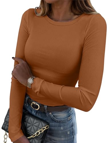 Zeagoo Maglietta a Maniche Lunghe da Donna Maglia Girocollo Tinta Unita T-Shirt Aderente Basic Top Costine Elasticizzato Tinta Unita Autunno Inverno Marrone Chiaro S