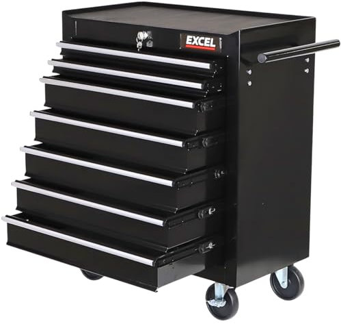 Roller Tool Cabinet 7 Drawers Storage Chest Box Swivel Garage Workshop Black, Made with Powder Coated Steel & Rust-resistant, Ball Bearing Slides and 4 Wheels with Brakes